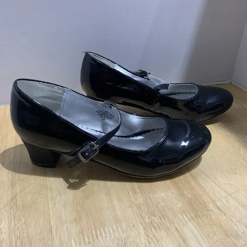 Nine West Heels Dreas Shoes Girls Sz 5M Black Patten Mary Jane Sparkle Glitter‎